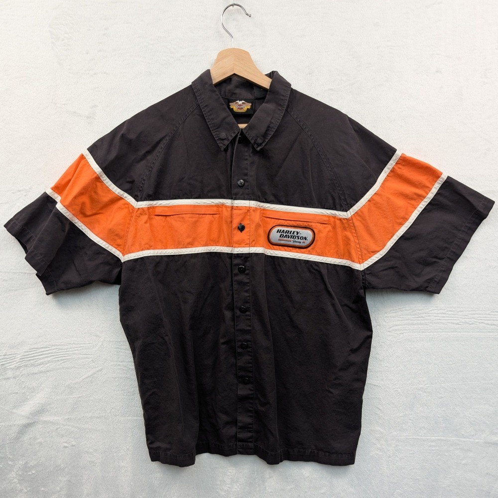 VTG Harley Davidson Button-Down Shirt Men L Black Orange Racing Stripe Biker Y2K